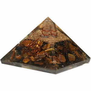 Orgone Pyramid - Tiger Eye with Quartz Point and Copper Spiral 4cm