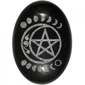 PALM STONE - Black Tourmaline Pentacle Moon Engraved