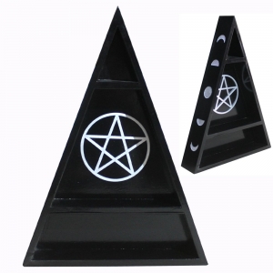 WOODEN SHELF - Triangle Black with Pentacle & Moon Phases 27cm wide x 38cm high