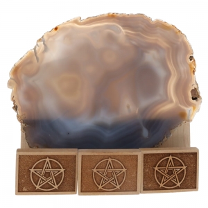 WOOD STAND - Pentacle Engraved for Sliced Crystals Display 4.9cm x 5.8cm x 6.5cm