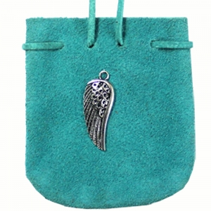 SUEDE POUCH - Turquoise with Angel Wing Charm 7cm x 8cm