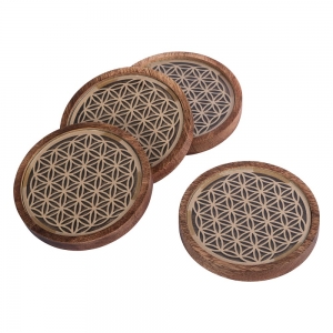 COASTER - Flower of Life Wood with Glass (Set of 4)