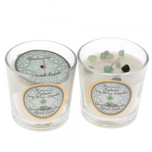 CRYSTAL SAND CANDLE - Good Luck Green Aventurine Opium Scented Votive