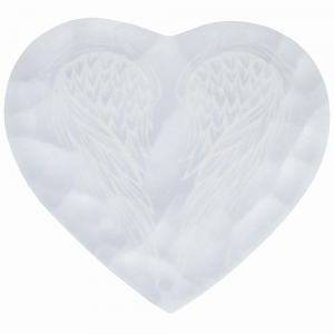 CHARGING PLATE - SELENITE FLAT HEART WITH ANGEL WINGS ENGRAVED 10cm
