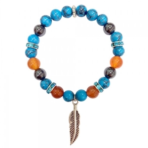 BRACELET - 8MM TURQUOISE W/CARNELIAN AND HEMATITE FEATHER