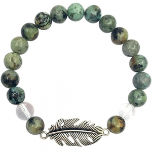 BRACELET - 8MM TURQUOISE AND CLEAR QUARTZ FEATHER