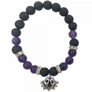 BRACELET - Amethyst and Lava Stone with Lotus Charm