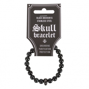 Skull Black Obsidian And Stainless Steel Bracelet