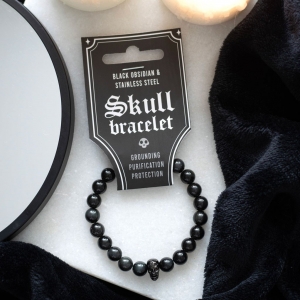 Skull Black Obsidian And Stainless Steel Bracelet