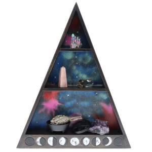 CLEARANCE - WOODEN SHELF - Pyramid with Moon Phases and Galaxy 39cm x 50cm x 7.5