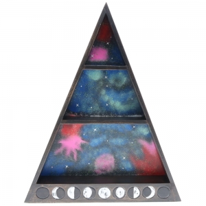 CLEARANCE - WOODEN SHELF - Pyramid with Moon Phases and Galaxy 39cm x 50cm x 7.5