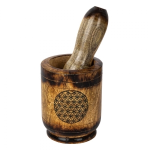 MORTAR AND PESTLE - Flower of Life Wooden 8cm x 11cm
