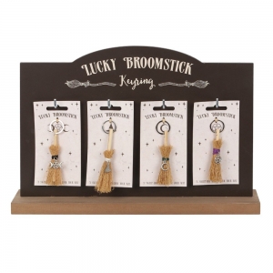 Set of 24 Lucky Broomstick Keyrings on Display