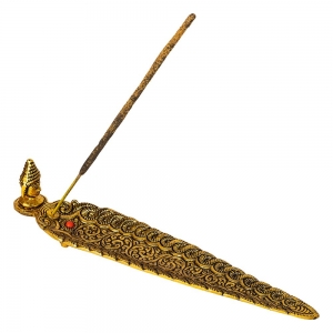 ALUMINIUM INCENSE BURNER - Buddha Head Gold Leaf 23cm